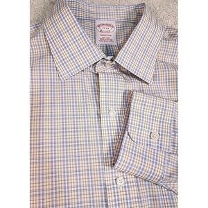 Brooks Brothers Dress Shirt Mens 17-33 Blue Yellow Madison Fit Non-Iron Check